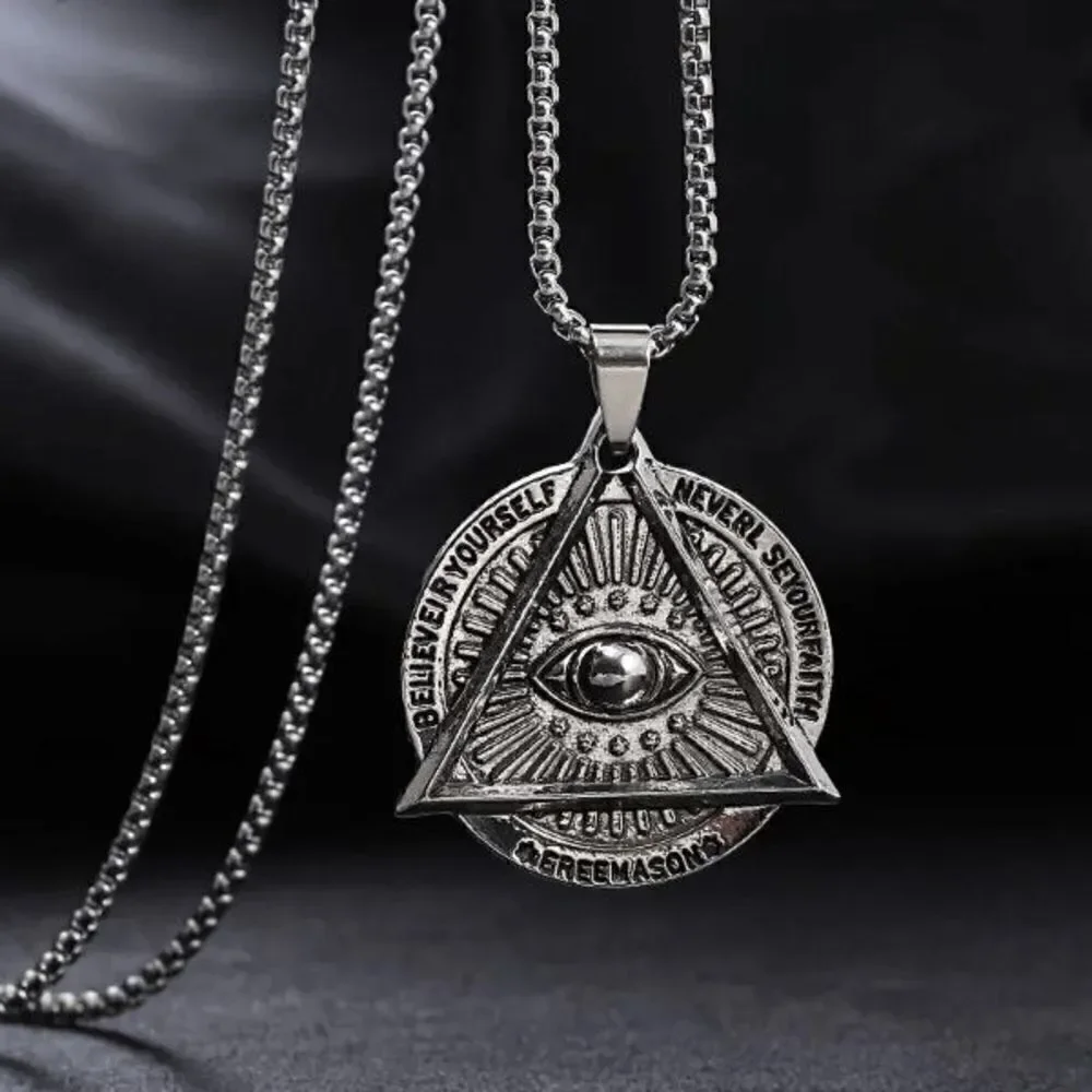 Stainless Steel Masonic Illuminati All Seeing Evil Eye Pendant Chain Necklace